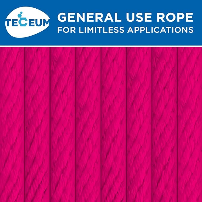 TECEUM Cotton Rope 3/16” (5 mm) – 100 FT – Strong All-Purpose Braided Rope – Natural Cotton – for Crafting, Сamping, Clothes Line, DIY, Indoor & Outdoor Use – Bright Pink