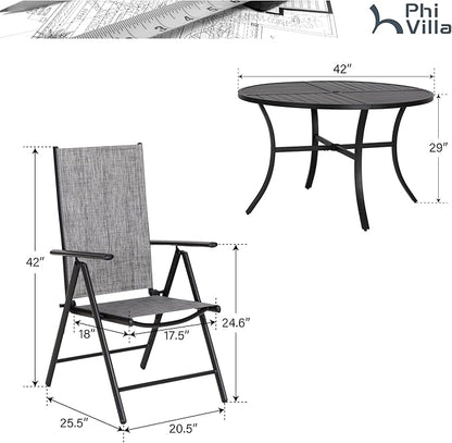 PHI VILLA 5 Piece Outdoor Patio Dining Set, 42 Inch Round Patio Table Set with 4 Adjustable High Back Folding Patio Sling Chairs, Grey