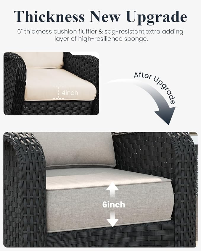 LayinSun 10 Piece Wicker Outdoor Furniture Set with 6-inch Comfy Cushions, High Back Patio Furniture Set with Swivel Rocking Chairs and Fire Pit Table