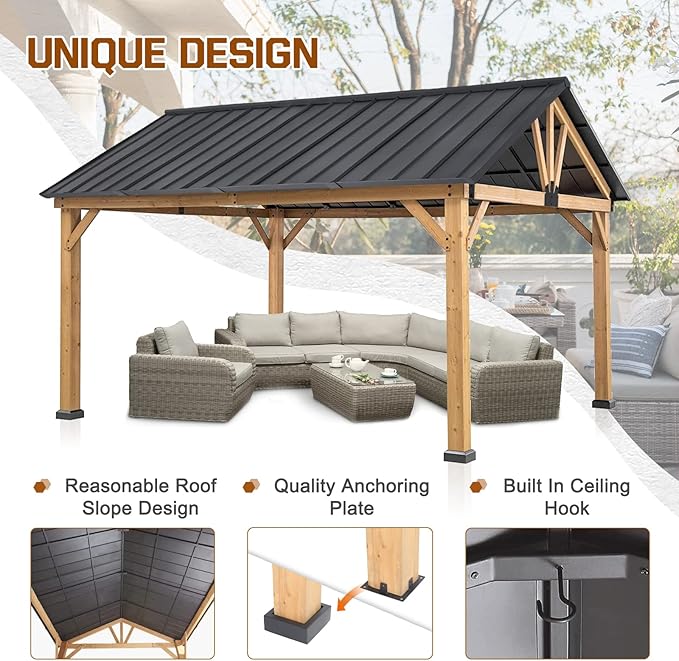 COOS BAY 11x13 Hardtop Gazebo with Cedar Wood Frame, Galvanized Steel Gable Roof Outdoor Pavilion for Garden, Lawn, Poolside, Patio, Deck, Natural Wood/Black