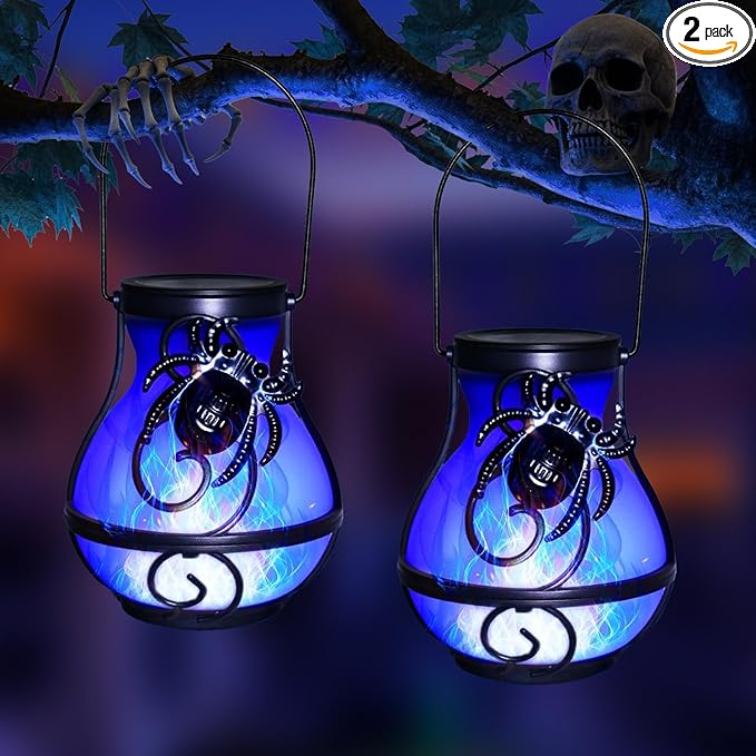 2 Pack Solar Halloween Hanging Lights Outdoor,Solar Spider Flickering Flame Lantern for Garden Yard Patio Halloween Party Decoration