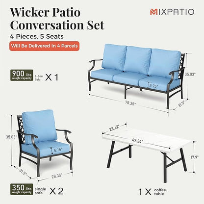 Patio Furniture Set 4 pcs, Metal Outdoor Patio Furniture, 3-Seat Sofa, 2 Single Chairs, Metal Coffee Table and 5.75" Extra Thick Cushion, Patio Conversation Set for Garden Backyard Deck,Blue