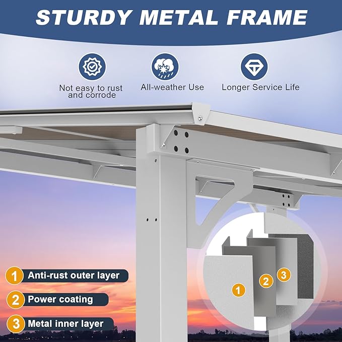 MEISSALIVVE 8' x 10' Wall Mounted Lean to Metal Awnings with Sloped Roof, Outdoor Patio Gazebo Awning for Backyard, Deck, White