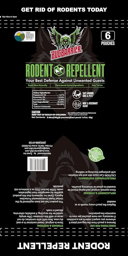 BugBarrier's Extra-Strength Mouse Repellent Deterrent Pouches, USDA 99% Biobased, Peppermint & Rosemary Oils Repel Mice Nesting in Car, RV, Boat, Garage, Shed, Cabin Made in The USA (Pack of 12)