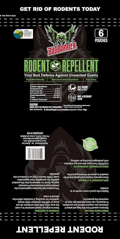 BugBarrier's Extra-Strength Mouse Repellent Deterrent Pouches, USDA 99% Biobased, Peppermint & Rosemary Oils Repel Mice Nesting in Car, RV, Boat, Garage, Shed, Cabin Made in The USA (Pack of 12)