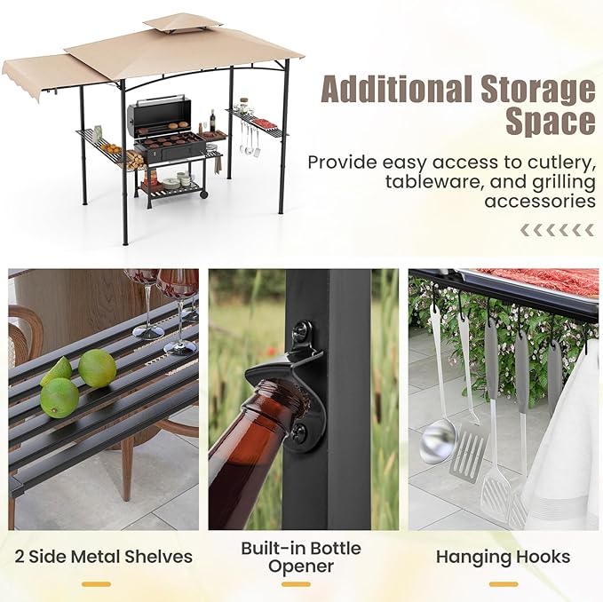 HAPPYGRILL Outdoor Grill Gazebo Canopy 11 x 5 FT, Barbecue Canopy with Double-Tiered Top, 2 Side Shelves, Hanging Hooks, Bottle Opener, Metal Frame, BBQ Grilling Shelter