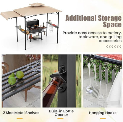 HAPPYGRILL Outdoor Grill Gazebo Canopy 11 x 5 FT, Barbecue Canopy with Double-Tiered Top, 2 Side Shelves, Hanging Hooks, Bottle Opener, Metal Frame, BBQ Grilling Shelter