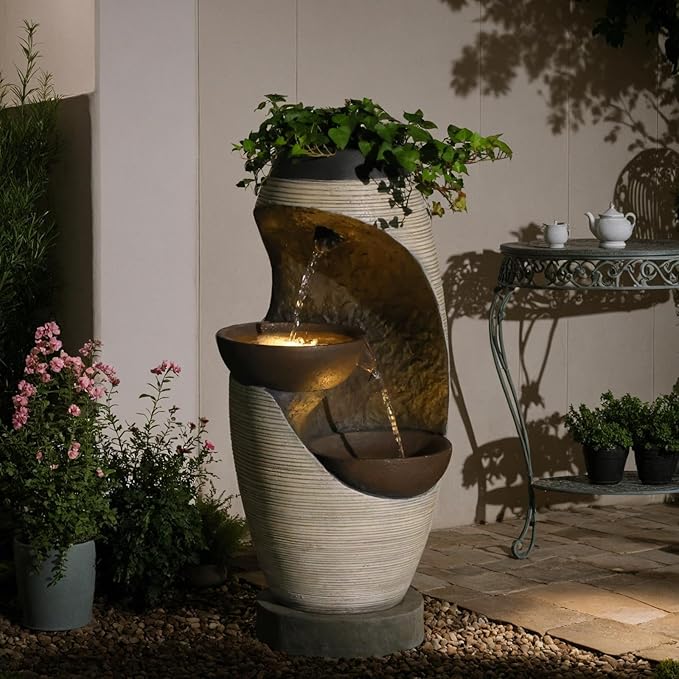 27.95''H Outdoor Garden Water Fountain, 2-Tier Bowl Shaped Floor - Standing Waterfall Fountain Indoor with LED Lights for Yard, Garden, Patio,Backyard & Home Decor