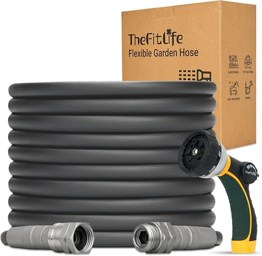 TheFitLife Garden Hose 25 FT - 25FT Water Hose with Nozzle and Metal Fittings, High Pressure 25 Feet x 1/2" Outdoor Hose for Reel Cart, Sprinkler, Easy Storage, Leak Proof (25FT)