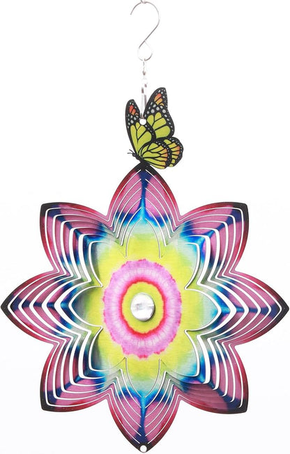 SPRING SONG Butterfly on Mandala Flower Wind Spinner for Yard and Garden Stainless Steel Spinner Indoor and Outdoor Hanging Decor Crafts Ornament Gifts Kinetic Art Yard Garden Hanging Wind Spinner