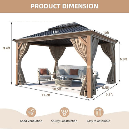 MELLCOM 10'x12' Hardtop Gazebo, Wooden Finish Coated Aluminum Frame Canopy with Galvanized Steel Roof, Outdoor Metal Gazebos with Curtains and Nettings for Patio, Backyard, Deck and Lawns
