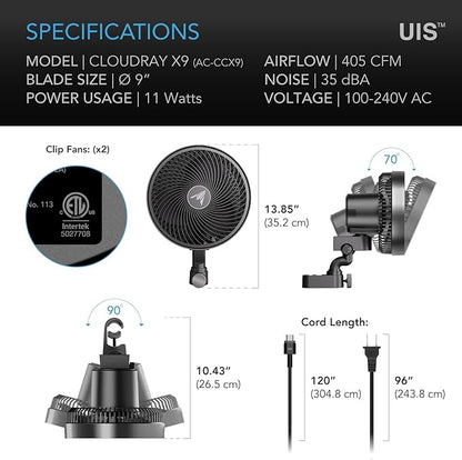AC Infinity CLOUDRAY S9 2-Pack, Grow Tent Clip Fan 9” with Redesigned Long-Life EC Motor, Custom 10 Dynamic Wind Speeds and 10-Level Oscillation, for Hydroponics Circulation Cooling, 2-Count