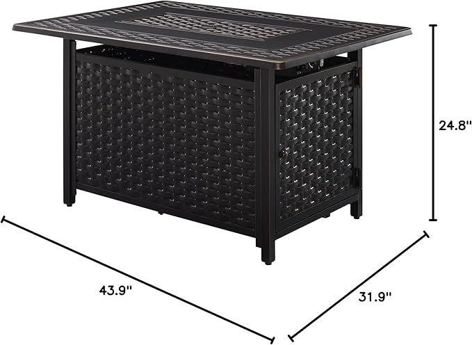 Fire Sense 63699 Albany Woven Aluminum Convertible Gas Fire Pit Table 45,000 BTU Multi-Functional Outdoor Firepit with Fire Bowl Lid Nylon Cover & Clear Fire Glass - Bronze Finish - Rectangular 44"