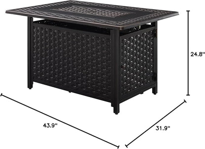 Fire Sense 63699 Albany Woven Aluminum Convertible Gas Fire Pit Table 45,000 BTU Multi-Functional Outdoor Firepit with Fire Bowl Lid Nylon Cover & Clear Fire Glass - Bronze Finish - Rectangular 44"