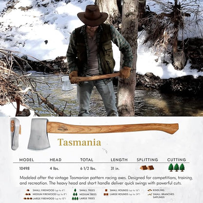 1844 Helko Werk Germany Classic Tasmania Competition Axe - Made in Germany Timber Sporting, Wood Chopping, Racing for Timber Sport - Head 4lbs, Handle 31in (Tasmania) #10498