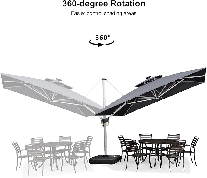 PURPLE LEAF 11 Feet Solar Powered LED Square Cantilever Umbrella With Base Patio Umbrella Windproof Hanging Umbrella Outdoor Umbrella Offset Umbrella, Grey