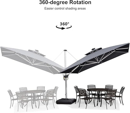 PURPLE LEAF 11 Feet Solar Powered LED Square Cantilever Umbrella With Base Patio Umbrella Windproof Hanging Umbrella Outdoor Umbrella Offset Umbrella, Grey