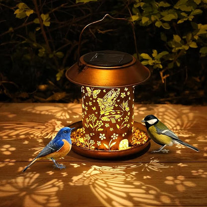 Solar Bird Feeders for Outdoors Hanging Metal Waterproof Outdoor Butterfly Lantern Bird Feeder Weather Resistant Gifts for Women Friends Lovers, Patio, Deck, Garden Christmas Decor