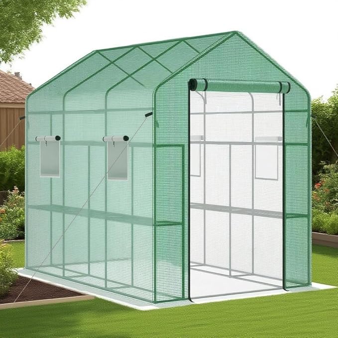 Greenhouse, 57 x 85 x 77'' Greenhouses for Outdoors, with Mesh Side Windows, PE Cover, 8 Shelves, Heavy Duty Walk in Green House for Backyard Garden Indoor, White& Green Outside