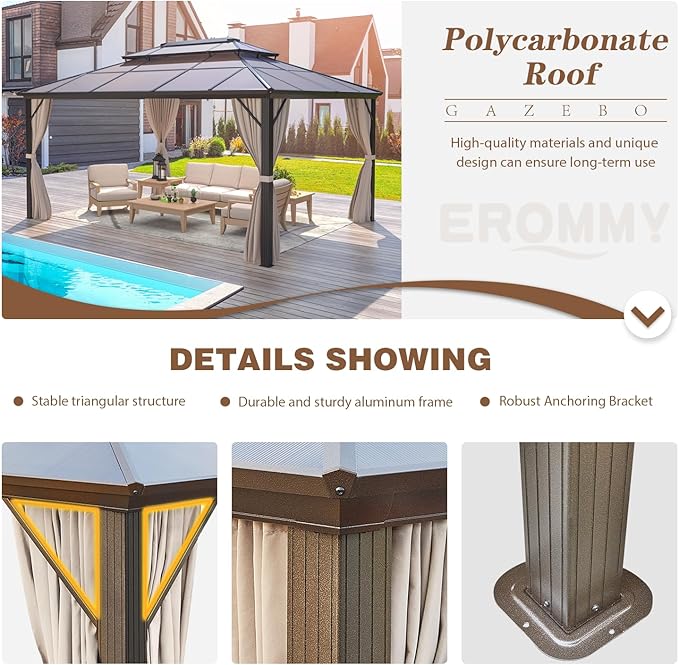 EROMMY 12'x16' Gazebo Polycarbonate Double Roof Pavilion Gazebo Outdoor Aluminum Frame Canopy with Netting and Curtains for Garden Patio Lawns Parties