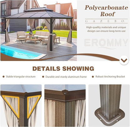 EROMMY 12'x16' Gazebo Polycarbonate Double Roof Pavilion Gazebo Outdoor Aluminum Frame Canopy with Netting and Curtains for Garden Patio Lawns Parties