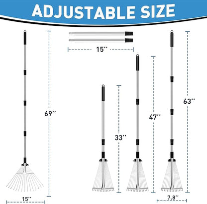 Garden Rake for Leaves, Heavy Duty Metal Adjustable Leaf Rake for Lawns, Length 37"-68", Adjustable Expandable Head 8"-15", Garden Tools for Lawn Garden Yard Flowers Beds Bush