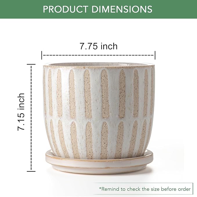 Ceramic Flower Pots Indoor-Outdoor: 7.75 Inch Large Planters with Drainage Holes & Saucer - Modern Decorative Plant Pots Ceramic for Home Gardeners (Striped)