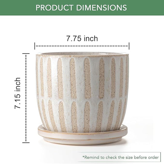 Ceramic Flower Pots Indoor-Outdoor: 7.75 Inch Large Planters with Drainage Holes & Saucer - Modern Decorative Plant Pots Ceramic for Home Gardeners (Striped)