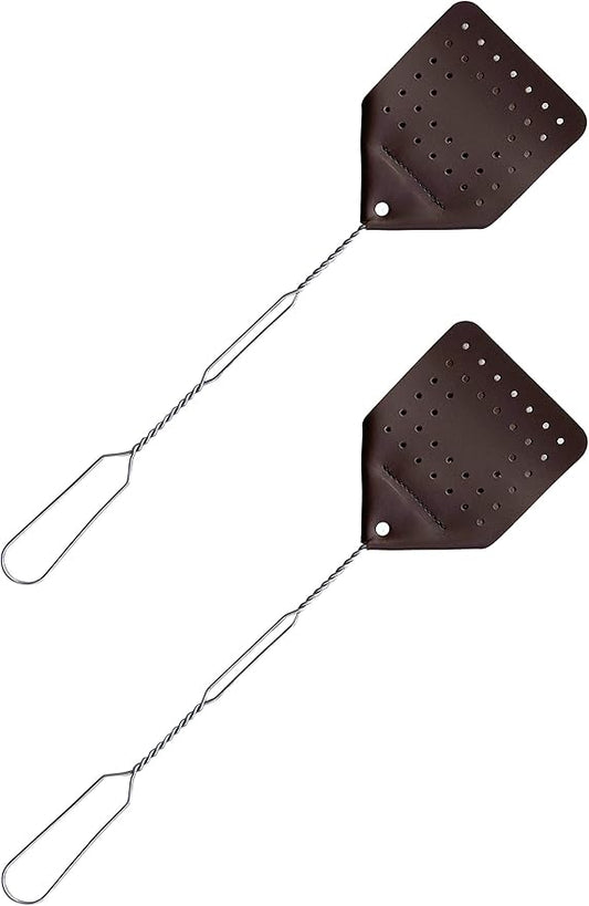 Leather Fly Swatter Set (2 Pack) – 17” Amish-Made Fly Swat w/Real Leather Paddle – Fly Swatters Multi Pack w/Metal Handle – Bug Swatter, Mosquito Swatter, Wasp Swatter (Chocolate)