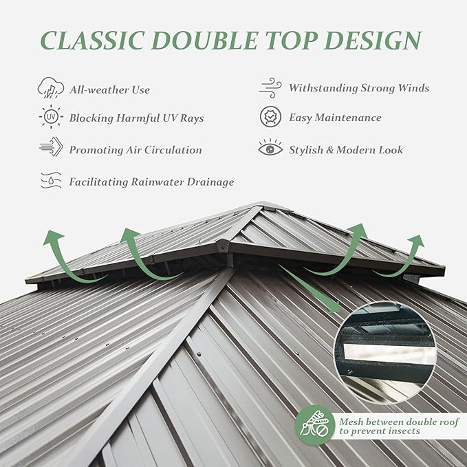 Domi 12' X 20' Wood Gazebo, Cedar Frame Hardtop Gazebo with Galvanized Steel Double Roof, Netting & Curtains, Patio Pergola Pavilion for Patio, Backyard, Deck, Lawns