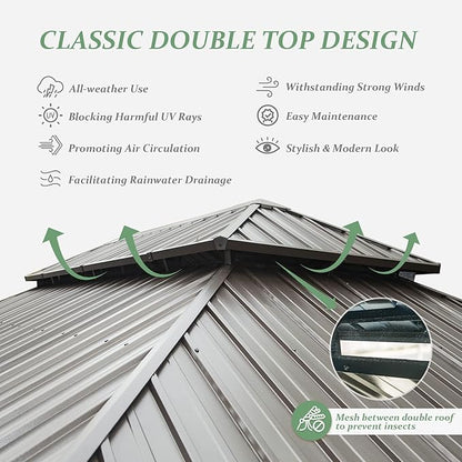 Domi 12' X 20' Wood Gazebo, Cedar Frame Hardtop Gazebo with Galvanized Steel Double Roof, Netting & Curtains, Patio Pergola Pavilion for Patio, Backyard, Deck, Lawns