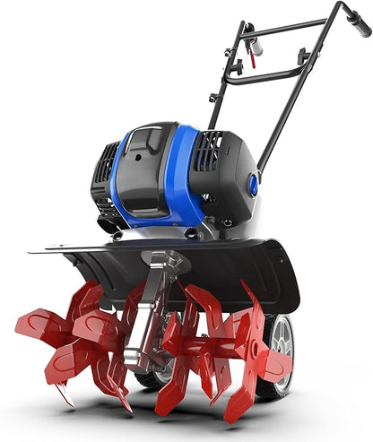 WILD BADGER POWER Garden Tiller 53cc Mini Cultivator 15 inch Powerful Liftable Booster Rod Tilling Tool for Lawn, Garden and Field Soil Cultivation