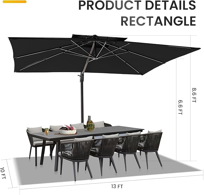 10 X 13 FT Cantilever Patio Umbrella with Base Included Outdoor Heavy Duty Double Top Windproof Rectangle Offset Umbrellas with 360-degree Rotation for Pool Deck Backyard, Black