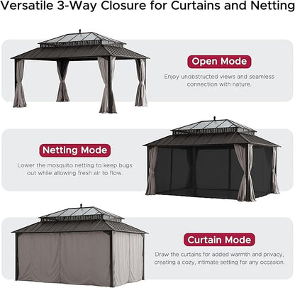 SUNJOY Kingston 16' x 12' Hardtop Gazebo with Galvanized Steel/Polycarbonate Double Roof, Curtain and Netting, Brown Aluminum Posts Permanent Pavilion Gazebo for Garden, Patio, Deck, Lawn