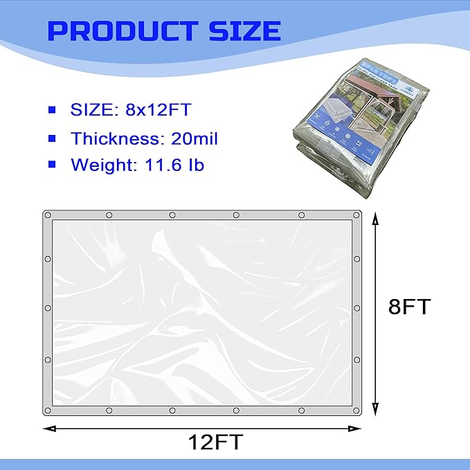 Clear Tarp 8 x12FT, 20 Mil Clear Vinyl Tarp, Small Cover Plastic Sheeting with Grommets, Double-Stitched Reinforced Edges, Heavy Duty Tarps Waterproof and Tearproof