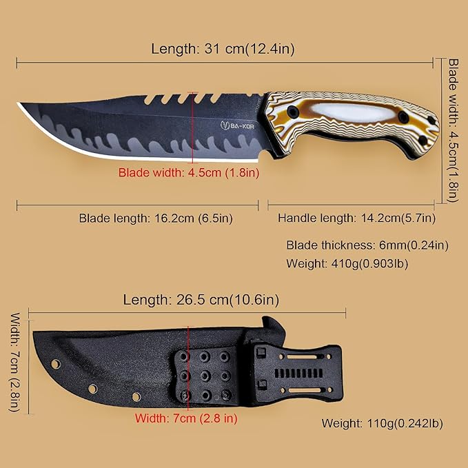 BA-KOR 12.4in Full Tang Fixed Blade Hunting Knife – 6mm 9CR18MoV Steel, G10 Handle, Stonewashed Sawback Blade with Kydex Sheath & Fire Starter for Outdoor, Camping, Survival (White and brown stripes)