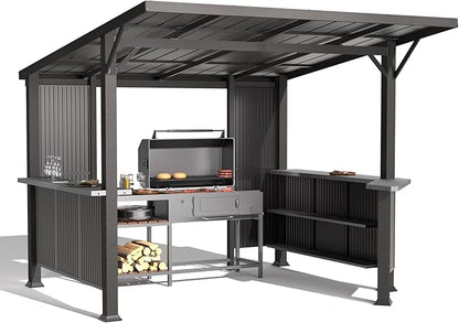 Gotland 10 FT x 10 FT Hardtop Grill Gazebo, BBQ Gazebo with 2 Extended Countertop 2 Side Shelves Drainage Holes Sloping Roof, Metal BBQ Canopy in 2 Combination Styles, for Patio Backyard Black