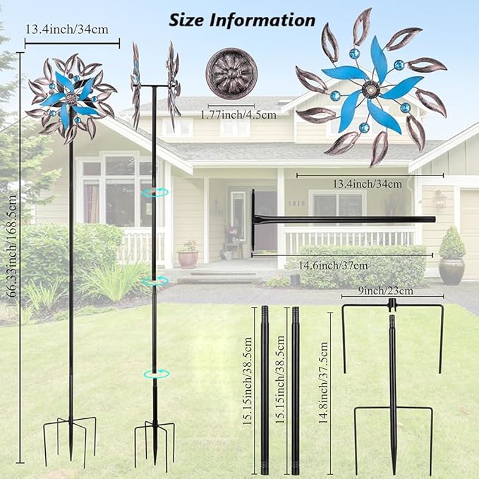 Stargarden Wind Spinners Outdoor, 13.4 Inch Metal Wind Spinner, Decorative Kinetic Pinwheels, Classic Double Windmill for Yard, Garden Decor