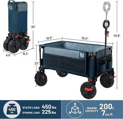 Timber Ridge Outdoor Collapsible Wagon with Brakes Utility Folding Cart Heavy Duty All Terrain Wheels for Shopping Camping Garden with Side Bag and Cup Holders, Blue