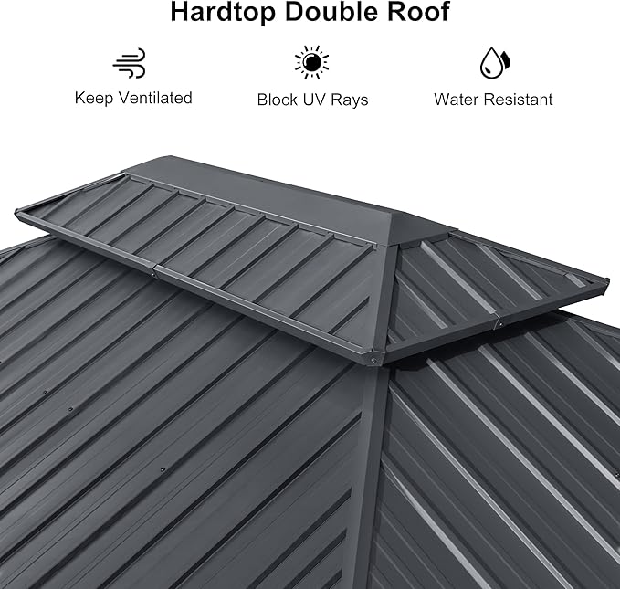 PURPLE LEAF 10'x14' Hardtop Gazebo with Lights Wind-Resistant Galvanized Steel Dual-Layer Double Roof Outdoor Patio Pavilion Including Netting and Privacy Curtains for Lawn Garden Backyard Grey
