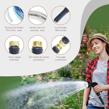 Stainless Steel Garden Hose 50 ft Heavy Duty Metal Water Hoses with 10 Function Water Hose Nozzles for Yard Outdoor