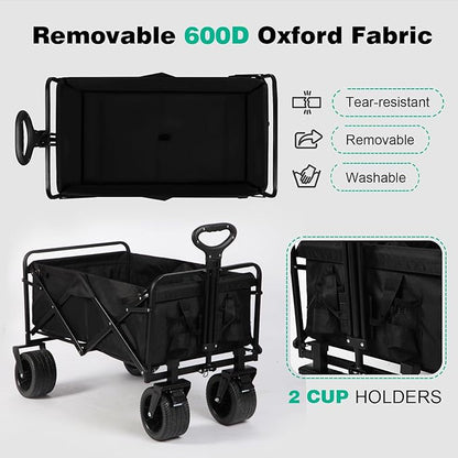 MMQ Heavy-Duty Folding 550 Lbs Collapsible Wagon with Big Wheels - Robust Construction, Spacious Interior, Adjustable Rolling Carts, Outdoor Folding Camping Wagons, Portable Utility Cart (Black)