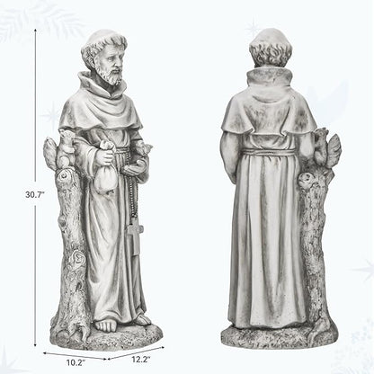 St Francis Garden Statue, Catholic Religious Outdoor Sculpture for Prayer and Meditation, 30.7” Large Patron Saint of Animals Patio Decor in Durable Magnesium Oxide Stone,Gray
