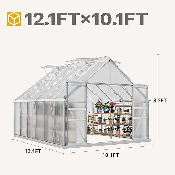 DWVO 10x12FT Polycarbonate Greenhouse Heavy Duty Green Houses Outdoor Aluminum Greenhouses with Sliding Doors Vent Window Premium Walk-in Greenhouse Large Sun House for Garden Backyard, Silver