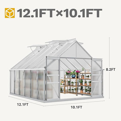 DWVO 10x12FT Polycarbonate Greenhouse Heavy Duty Green Houses Outdoor Aluminum Greenhouses with Sliding Doors Vent Window Premium Walk-in Greenhouse Large Sun House for Garden Backyard, Silver