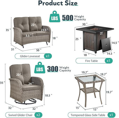 5 Piece Patio Furniture Set with Fire Pit Table - Wicker Patio Conversation Set with Swivel Glider, Glider Loveseat, Tempered Glass Side Table for Deck Backyard - Grey Wicker Grey Cushion