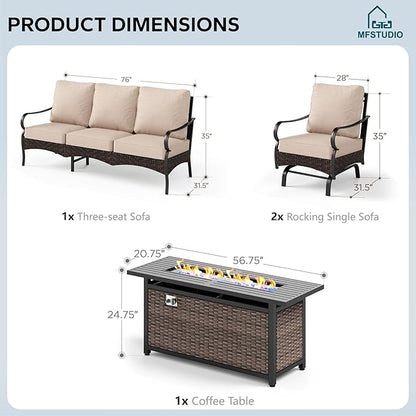 MFSTUDIO 4 Pieces Outdoor Patio Furniture Set, Metal Outdoor Conversation Set, Rattan Wicker Patio Sectional Set with 2 x Rocking Single Sofa, 3-Seat Sofa, 1 x Fire Pit Table, Beige