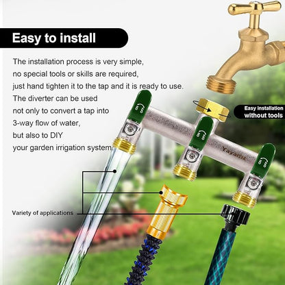 3 Way Garden Hose Splitter, Heavy Duty Brass Nickel Plated Rust Resistant Faucet Manifold, 3/4" Frost Resistant Outdoor Hose Adapter Connector，Hose Spigot Adapter with 3 Large Green Handles