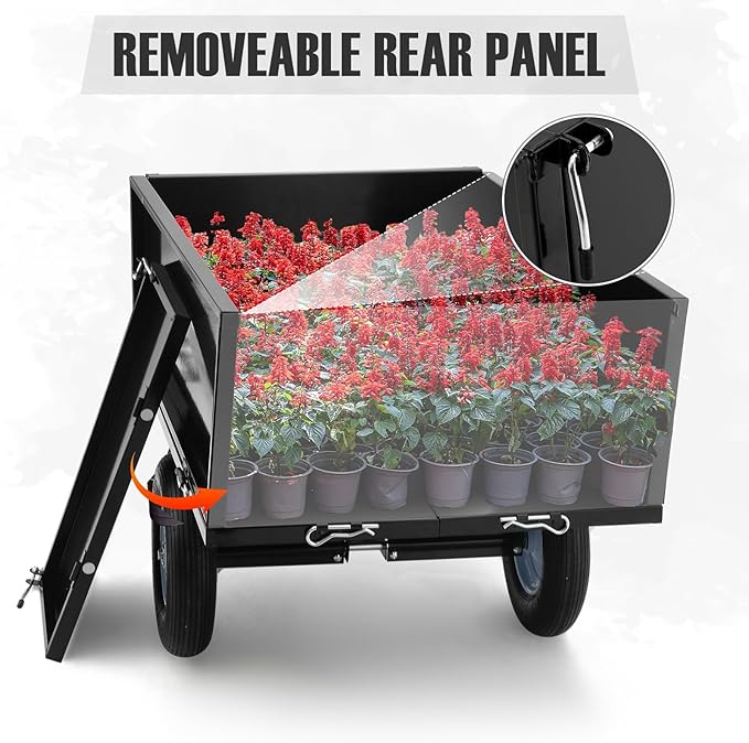 Heavy Duty Steel Dump Trailer, 500 LBS/11.4 Cu.Ft Capacity Garden Dump Cart for Lawn Mower, Utility Trailer with Removeable Rear Panel, Designed for Tractor, ATV, UTV, Black