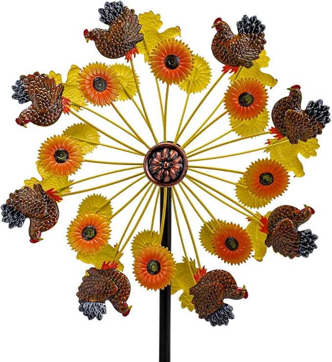 DREAMYSOUL Sunflower and Rooster Fall Wind Spinners, Outdoor Fall Decorations, Metal Kinetic Wind Spinners Chicken Farmhouse Garden Lawn Yard Decor, Fall Harvest Thanksgiving Gifts